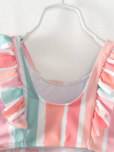 Pink Blue Stripe Ruffle Girl Swimsuit