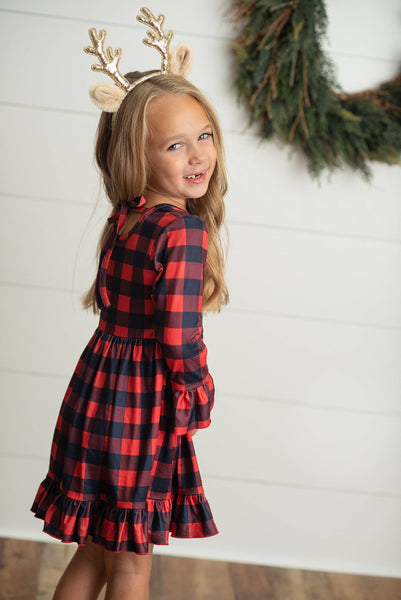 Kids Red & Black Plaid Reindeer Ruffle Holiday Dress