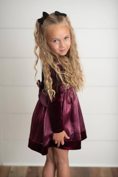 Kids Plum Velvet Tie Back Bow Fancy Dress