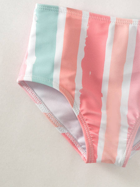 Pink Blue Stripe Ruffle Girl Swimsuit