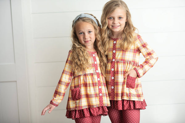 Kids Burgundy & Mustard Gingham Check Button Pocket Pant Set