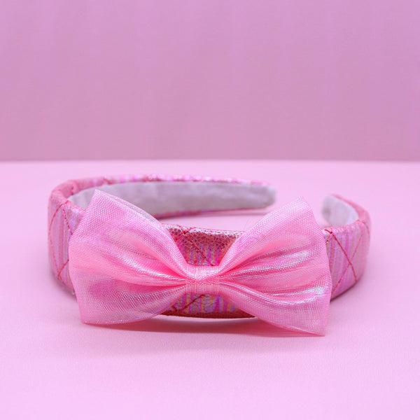 Wide Pink Iridescent Quilted Bow Headband