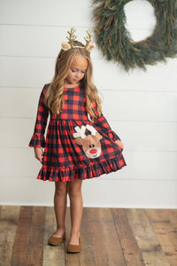 Kids Red & Black Plaid Reindeer Ruffle Holiday Dress