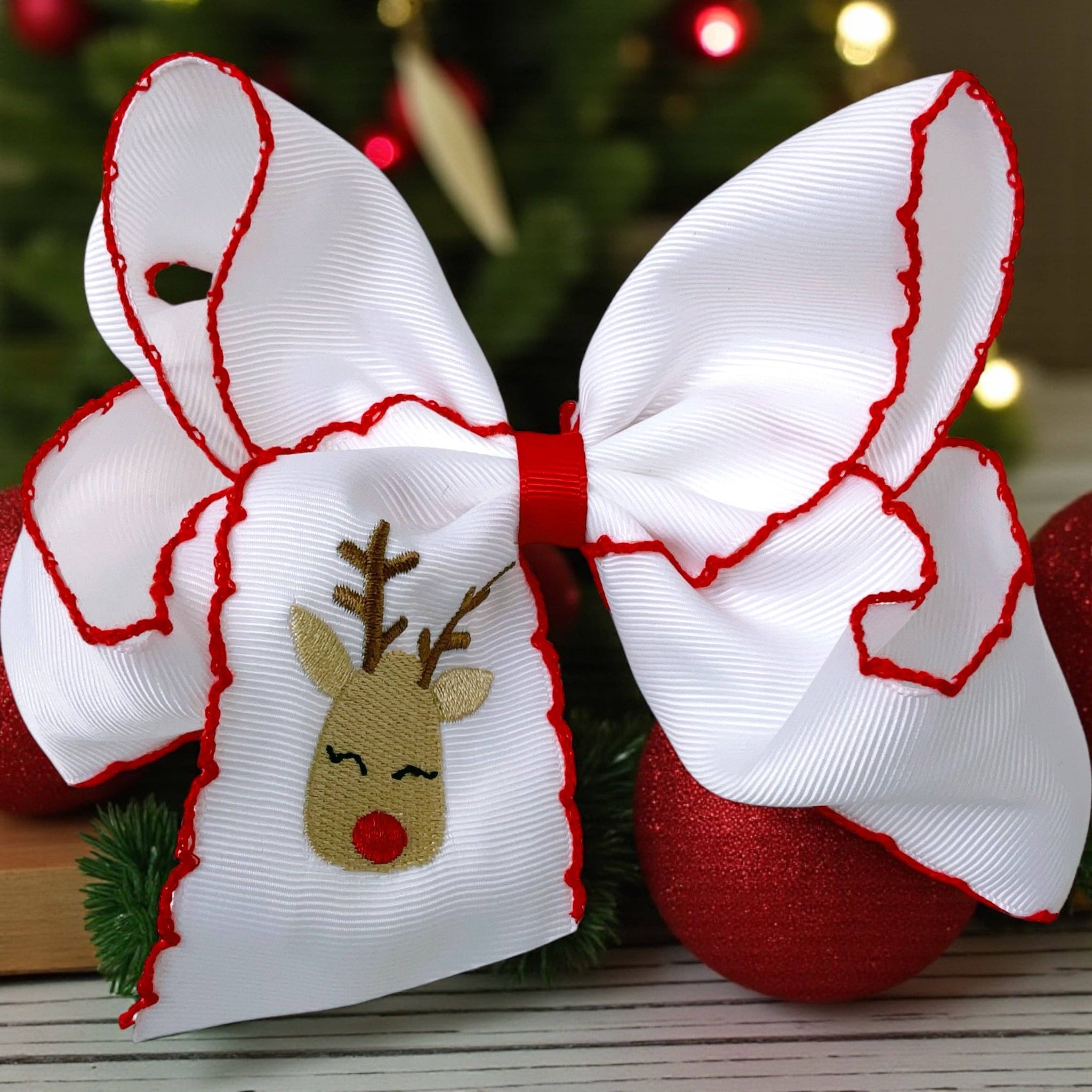 Embroidered Red Nose Reindeer Bow