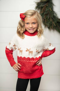 Kids Fuzzy Soft Christmas Holiday Reindeer Crew Neck Sweater