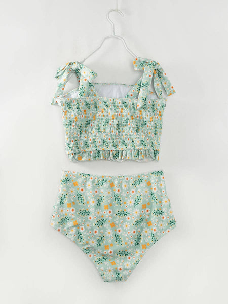 Mommy & Me Green Floral Girl Smocked Ruffle Swimsuit