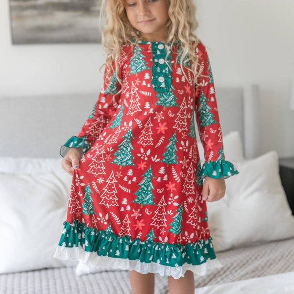 Kids Red & Green Christmas Tree Ruffle Lounge Play Gown