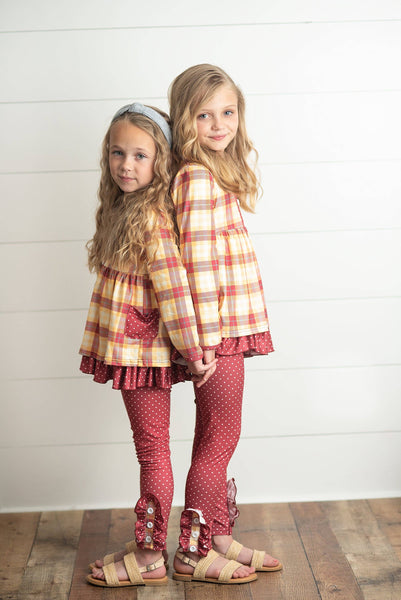 Kids Burgundy & Mustard Gingham Check Button Pocket Pant Set