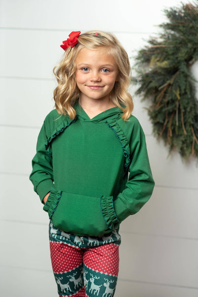 Kids Reindeer Pocket Ruffle Hoodie Shirt and Leggings Set