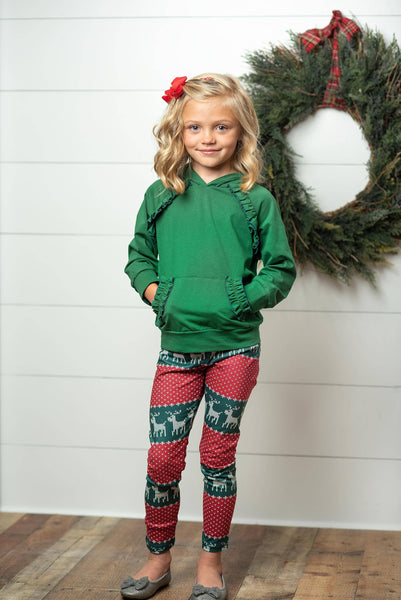 Kids Reindeer Pocket Ruffle Hoodie Shirt and Leggings Set