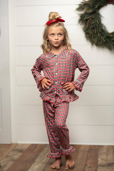 Kids Santa Plaid Pocket Button Christmas Winter Lounge Set