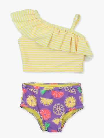 Girls Neon Purple Citrus One Shoulder Ruffle Tankini