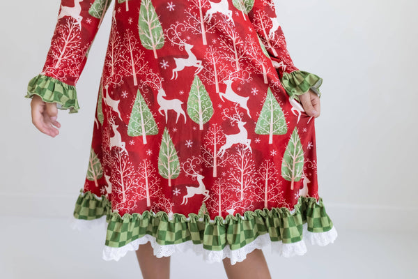 Kids Red Christmas Holiday Reindeer Ruffle Lounge Play Gown