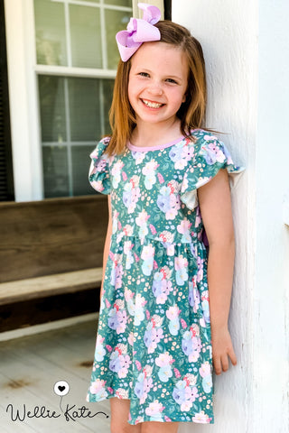 Green Floral Bow Back Dress