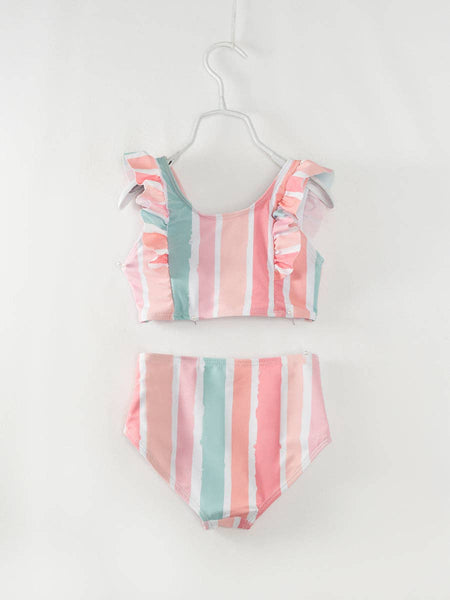 Pink Blue Stripe Ruffle Girl Swimsuit