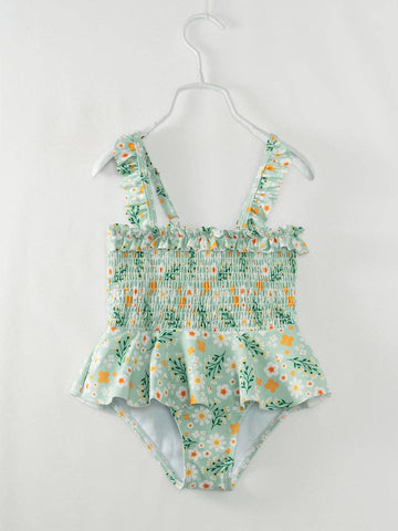 Mommy & Me Green Floral Girl Smocked Ruffle Swimsuit