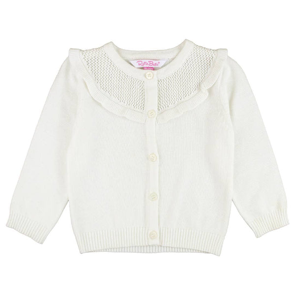 Off-White Sweater Knit Ruffle Trim Cardigan