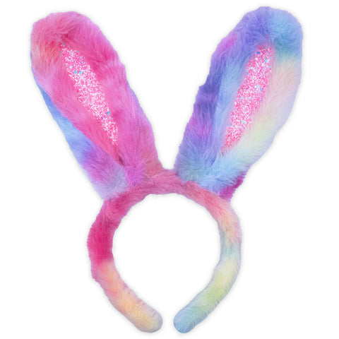 Fuzzy Rainbow Tie Dye Glitter Bunny Ears Easter Headband
